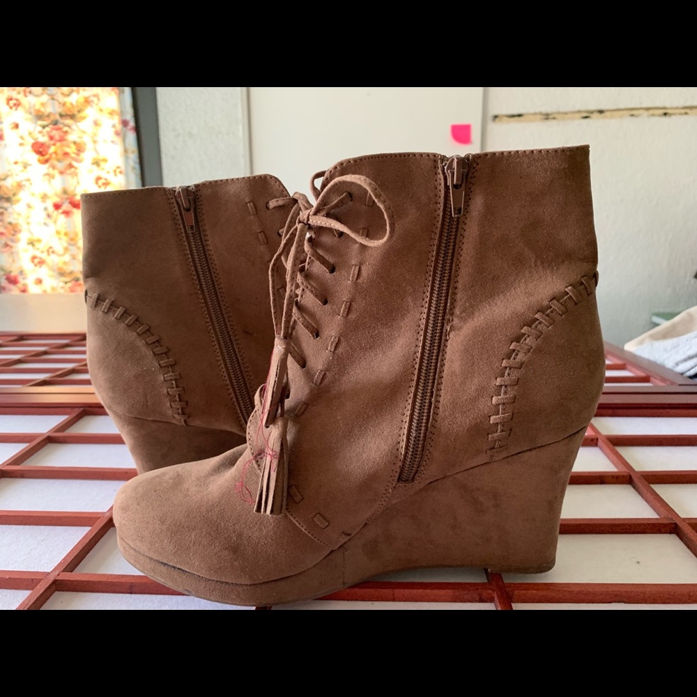 New tan lace up wedge bootie